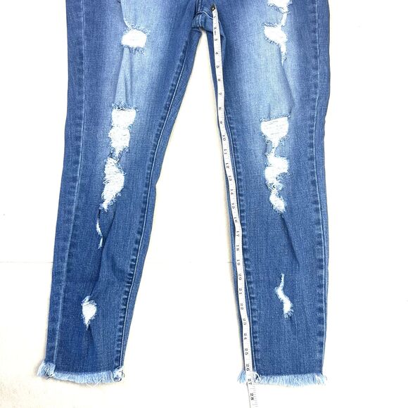 KanCan Button Fly Denim Jeans Women's XL Distressed Frayed Hem Blue High Rise - Picture 16 of 16